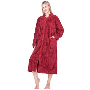 PAVILIA Womens Fluffy Housecoat Zip Robe, Faux Shearling Zipped Up Front Bathrobe, Plush Warm Zipper House Coat Lounger - 1 of 4