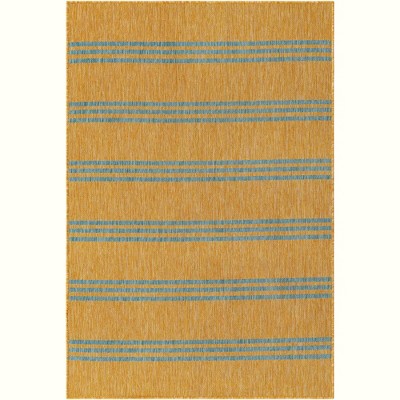 Yellow and Aqua Striped Outdoor Rectangular Rug 4' x 6'