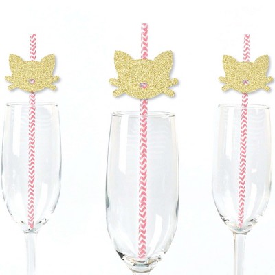 Big Dot of Happiness Gold Glitter Cat Party Straws - No-Mess Real Glitter Cut-Outs & Decorative Baby Shower or Birthday Party Paper Straws - Set of 24