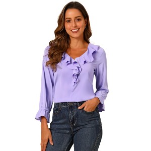 INSPIRE CHIC Women's Office Work Ruffle V Neck Long Sleeve Chiffon Peasant Blouse - 1 of 4