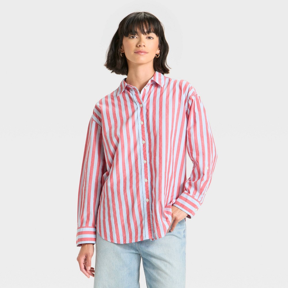 Women's Oversized Long Sleeve Collared Button-Front Shirt - Universal Thread™ Red Striped XS