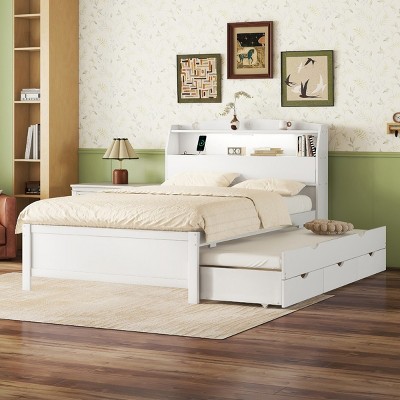LED Platform Bed with Trundle and USB Ports, Bed with Flip-Up Storage Headboard and Under-Bed Drawers, Wooden Frame Bed-Baofuwish