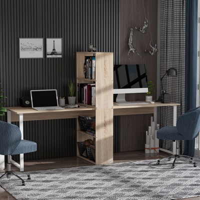 NicBex Home Office Desks 88" Long Desk with Storage Office Home Desk with Storage Shelves for Home Office, Natural