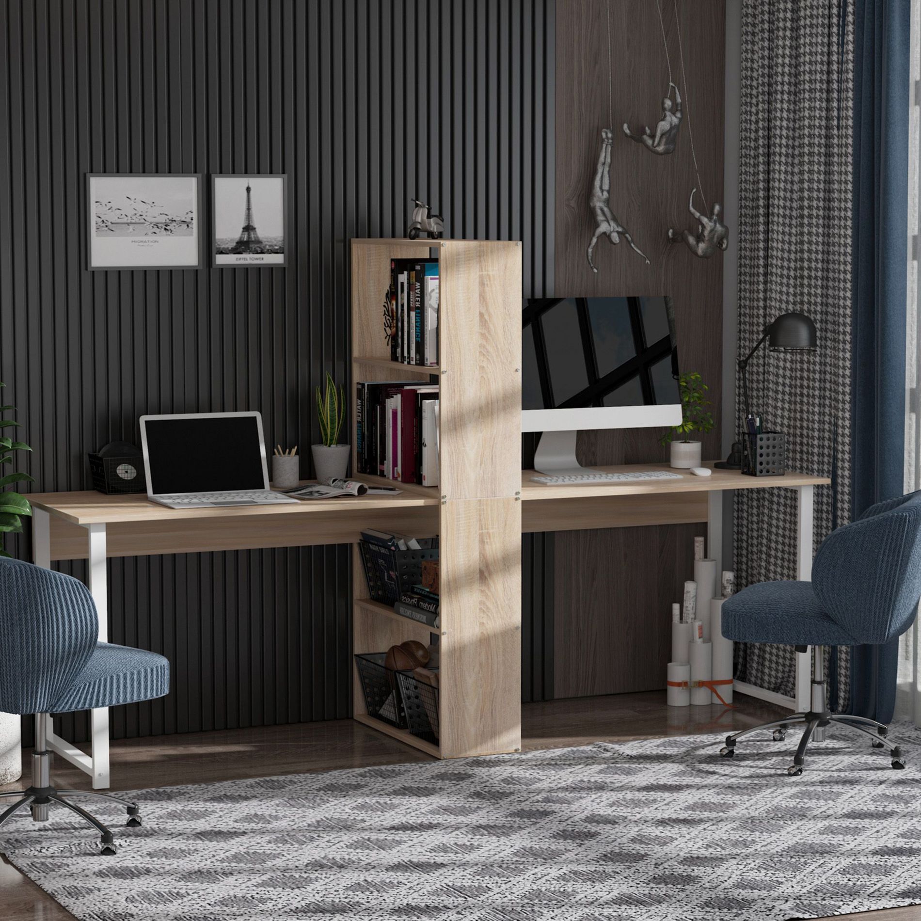 NicBex Home Office Desks 88" Long Desk with Storage Office Home Desk with Storage Shelves for Home Office, Natural