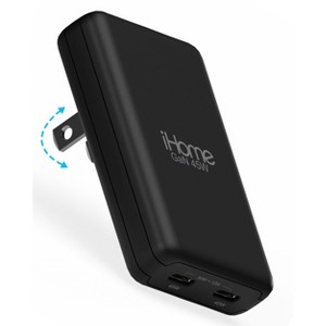 iHome 45W Ultra Slim Wall Charger, Dual USB-C Ports, GaN Technology, Folding Prongs, Travel Friendly, ETL Certified, Black - 1 of 4
