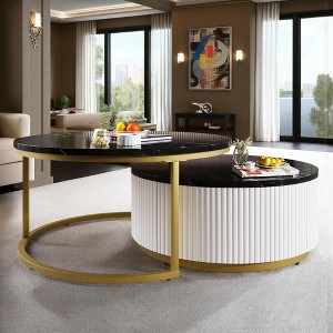 Electro Burst 27.6" Round Nesting Coffee Table Set, Fluted MDF Design with Storage Drawer & Gold Metal Base, Modern 2-Piece Set - 1 of 4