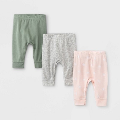 Image of Baby Girls' 3pk Star Print Basic Jogger Pull-On Pants - Cloud Island™ Dark Green Newborn