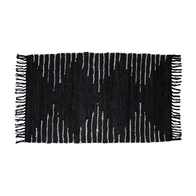 2x3 Foot Hand Woven Black Cotton & Recycled Leather Indoor Rug - Foreside Home & Garden