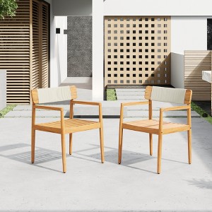 JUJABU Set of 2 Acacia Wood Outdoor Dining Chairs with Armrests – Braided White Rope Design, Teak Finish - 1 of 4