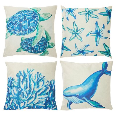 Stupell Industries Various Seashells Blue Beach Line Patterns 4 Pillow Set,  18 x 18