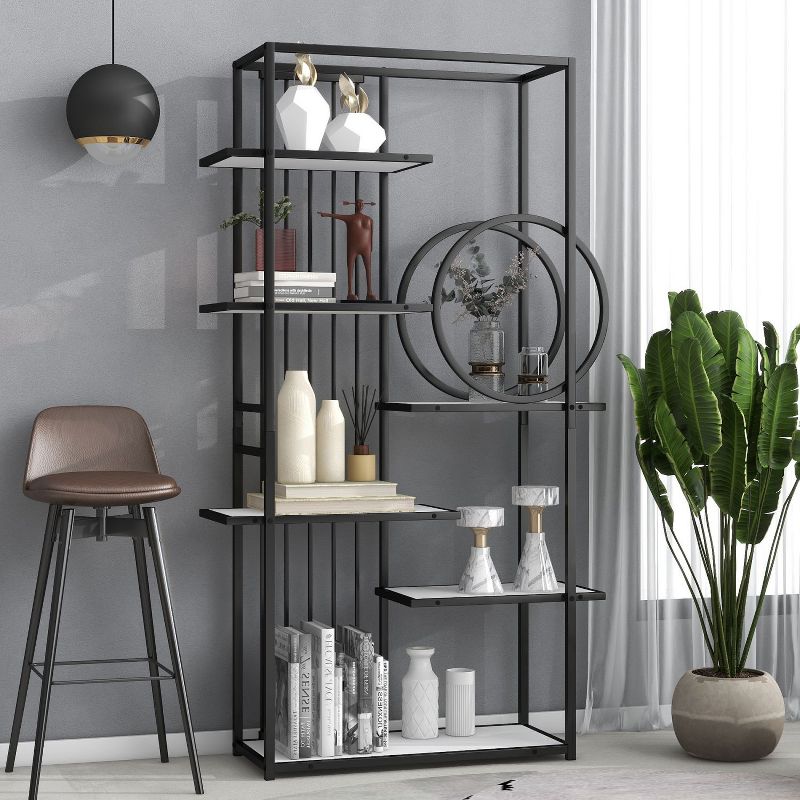 6 Tiers Home Office Bookcase Open Bookshelf with Black Metal Frame Storage Large Bookshelf Furniture, Vintage Industrial-The Pop Home, 2 of 10