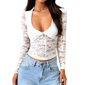 Women's Sheer Floral Lace Long Sleeve Crop Top - Sweetheart Neckline with Bow Accent - 1 of 4