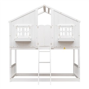 COWLOWN Twin over Twin House Bunk Bed with Roof Window Door Safety Guardrails Ladder Low Height Pine Wood Design - 1 of 4