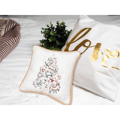 White Cotton Embroidered Christmas Puppy Tree Square Pillow