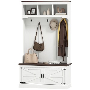 Munora HOMCOM 3-in-1 Hall Tree - Entryway Bench with Coat Rack, Shoe Storage & 5 Hooks - Farmhouse Style (White/Oak Wood Grain) - 1 of 4