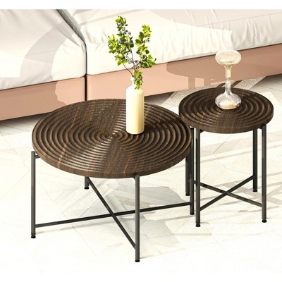 NicBex Natural 2-Piece Round Coffee Table & End Table Set,Distressed Wood Design & Black Metal Legs,Center Table for Living Room