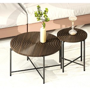 NicBex Natural 2-Piece Round Coffee Table & End Table Set,Distressed Wood Design & Black Metal Legs,Center Table for Living Room - 1 of 4