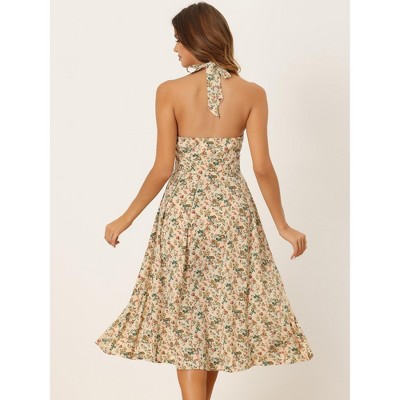 Женские платья INSPIRE CHIC Women's Floral Halter Neck Sleeveless Lace Up Midi Summer Sundresses Beige Small — фото 3