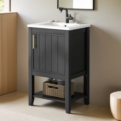 20" Bathroom Vanity Cabinet with Ceramic Sink Top Set,Freestanding, Two-Tier Storage Rack, Soft Closing Door - Leovsnove