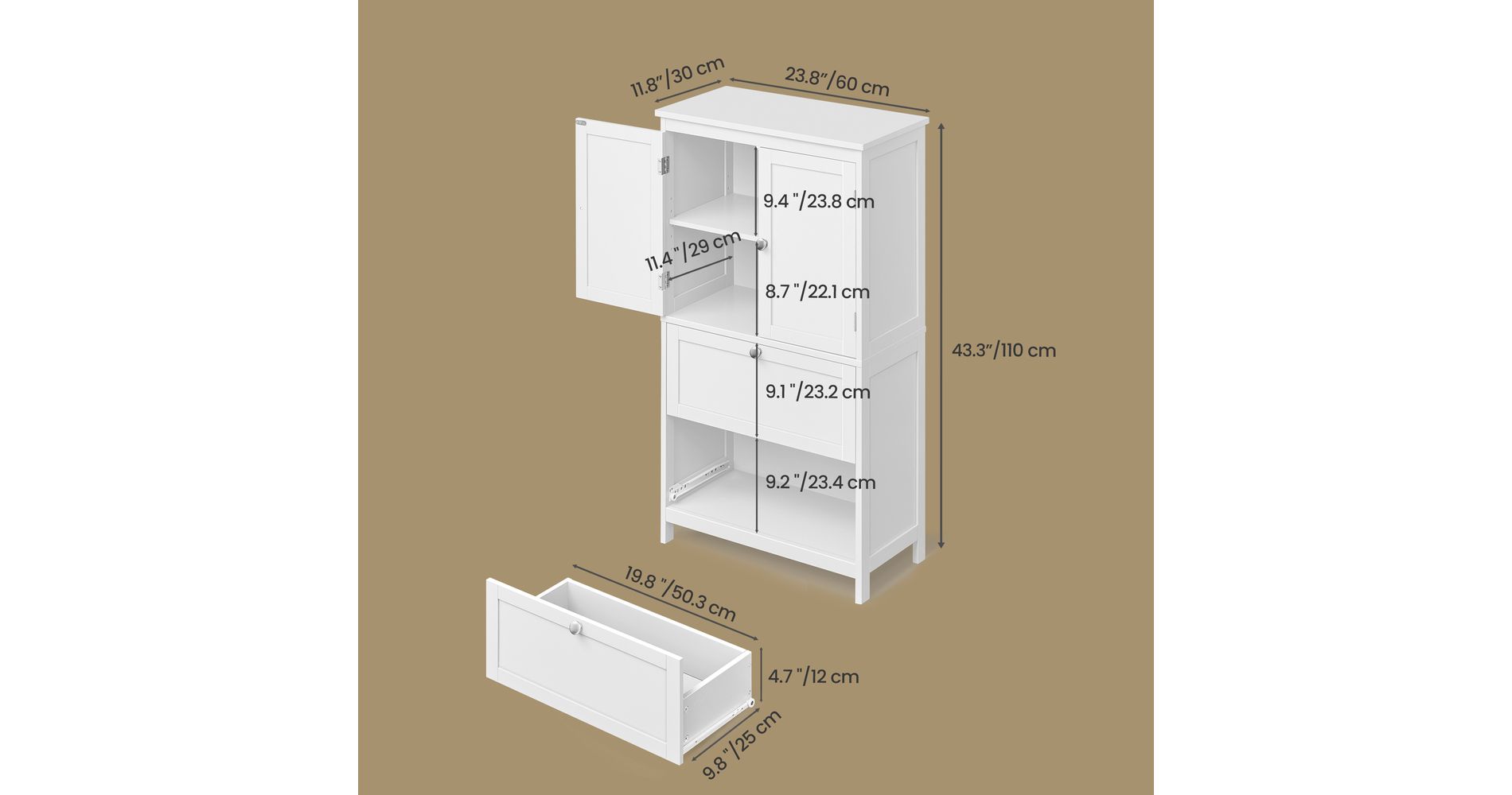 LEDREM Bathroom Floor Storage Cabinet, Freestanding Bathroom Storage Unit with 2 Drawers and Doors, Adjustable Shelf, White