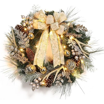 COZONY 24" Prelit Christmas Wreath with Gold Ornaments Pine Cones Antlers & 20 LED Lights Battery Operated for Front Door Holiday Decor