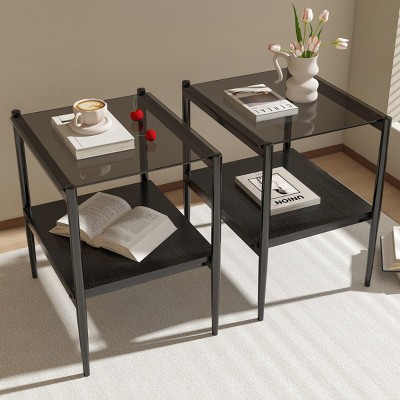 Set of 2 Modern Rectangle Side Tables, Tempered Glass Top with MDF Layer and Iron Frame, End Tables for Living Room or Bedroom – Cuddlewood