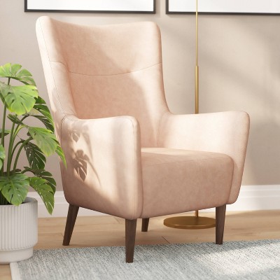 Light Brown Faux Leather Wingback Accent Chair with Wooden Legs