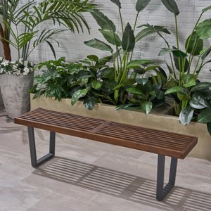 Patio Bench, Acacia Wood with Iron Legs, Modern, Contemporary, Dark Brown and Black - 1 of 4
