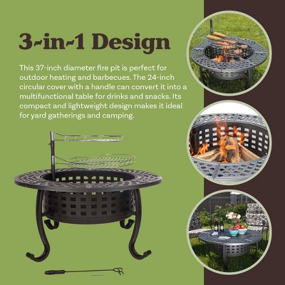 37" Black Steel Round Wood Burning Fire Pit Table with Grills