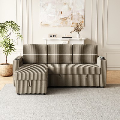 TiramisuBest 85" 3-Seater Corduroy Sofa Bed with Storage Chaise, Pull-Out Sleeper & USB Cup-Holder Handrail for Living Room,Brown