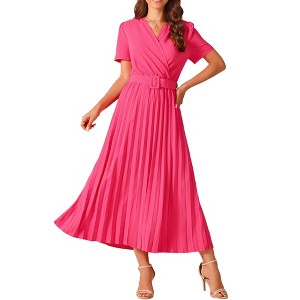 Seta T Women's Casual Short Sleeve Wrap V Neck Flowy Pleated Midi Dress with Belt - 1 of 4