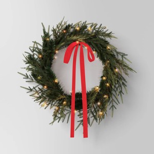 28" Christmas Led Mixed Norfolk and Cedar Wreath with Red Velvet Bow - Wondershop™ - 1 of 4