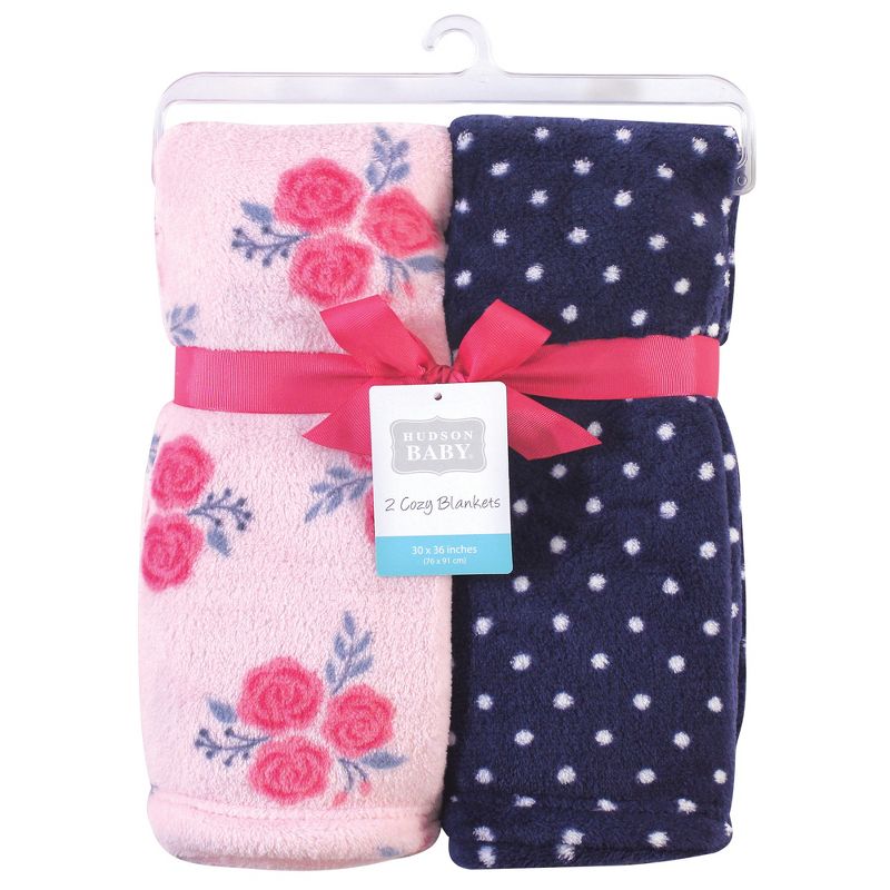 Hudson Baby Infant Girl Silky Plush Blanket, Pink Navy Roses, 30x36 inches, 3 of 4