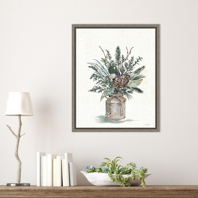 Seasonal Charm Greenery Christmas Vase Canvas Wall Art in Grey Frame