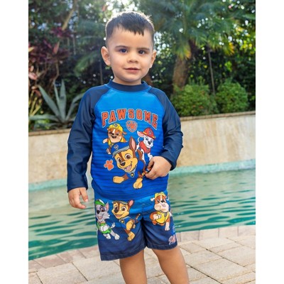 PAW Patrol Little Boys' Long Sleeve Raglan Swim Shirt and Board Shorts Outfit with Drawstring Navy Blue 5-6 — фото 2