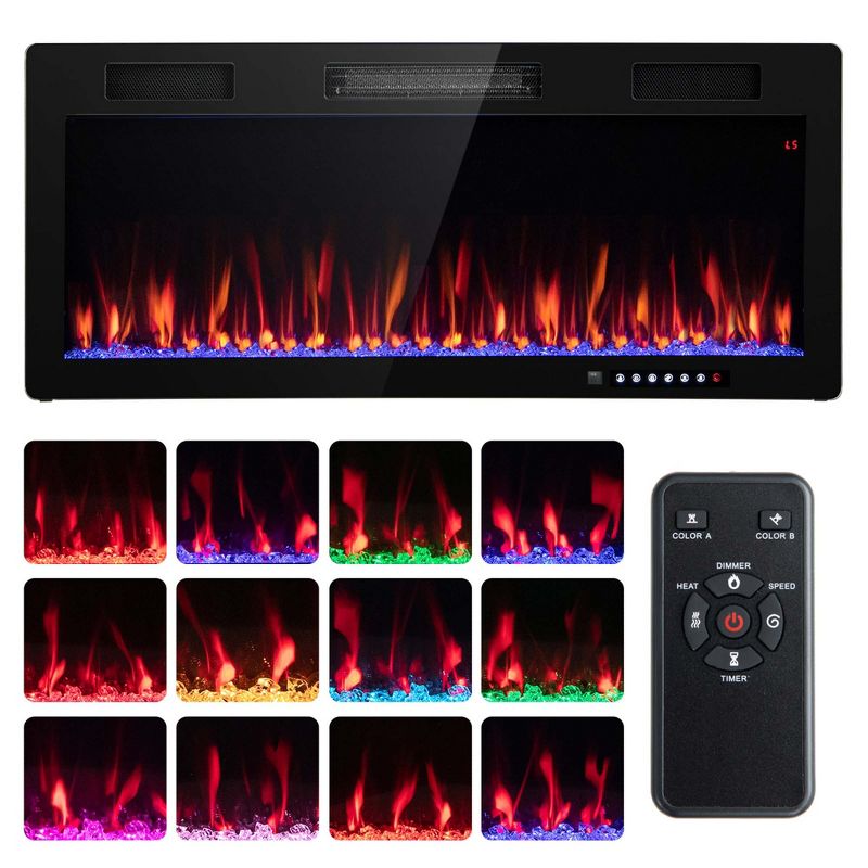 Costway 40"/50"/60" Linear Electric Fireplace 1500W Recessed Wall-Mounted with Multi-Color Flame, 1 of 11