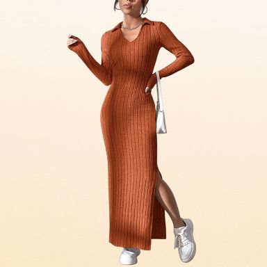 long knit dresses for women EadianDree Womens Sleeve Ribbed Maxi Dress V Neck Lapel Collar Bodycon Side Split Long Sweater Casual Wear,Reddish Brown Keywords_Chiffon bridesmaid dresses