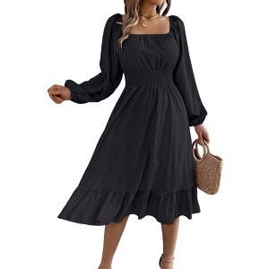 Women's Spring Summer Fall Long Sleeve Square Neck Smocked Waist Casual Vacation Tiered Flowy Midi Dress - 1 of 1