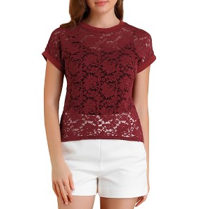 Allegra K Women's Curved Hem Sheer Short Sleeves Floral Lace Blouse - 1 of 4