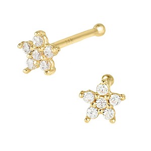 Jewelry Avalanche 22G 14K Yellow Gold CZ Flower-Star Nose Bone Nose Ring Stud - 1 of 4