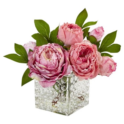 Peony in Glass Vase Pink - Nearly Natural