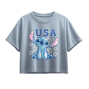 Girls' Disney USA Stitch Stars Short Sleeve Boxy Graphic T-Shirt - Chambray Blue - Medium - 1 of 2