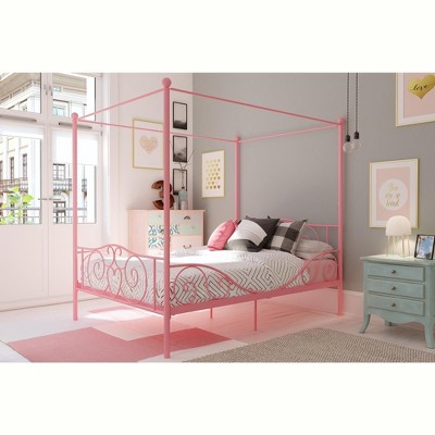 Full Pink Metal Canopy Princess Bed with Drawer
