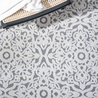 Ivory and Grey Geometric Synthetic Indoor/Outdoor Runner Rug
