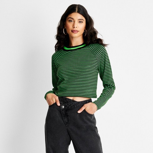 Women's Striped Long Sleeve Cropped T-Shirt - Future Collective™ with  Kahlana Barfield Brown Black/Green M