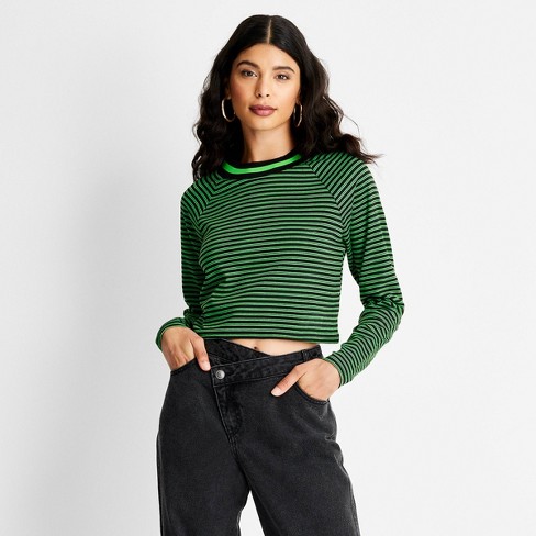 Women's Striped Long Sleeve Cropped T-Shirt - Future Collective™ with  Kahlana Barfield Brown Black/Green XS