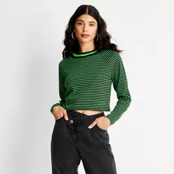 Women's Striped Long Sleeve Cropped T-Shirt - Future Collective™ with Kahlana Barfield Brown Black/Green XXS