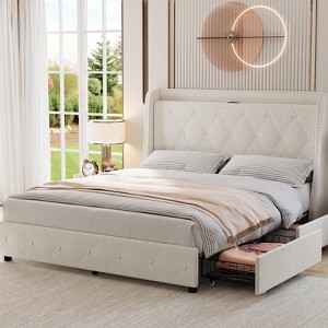 Full Size Upholstered Bed Frame with 4 Storage Drawers, Headboard Shelf & Charging Station, Wingback, Platform, Noise-Free, No Box Spring Needed - 1 of 4