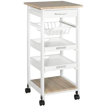 HOMCOM Mobile Rolling Kitchen Island Trolley Serving Cart with Underneath Drawer & Slide-Out Wire Storage Basket