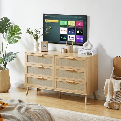 6/8 Drawers Rattan Dresser, Wooden Chest, Storage Cabinet with Rattan Panel for Bedroom, Living Room, Entrance and Hallway, Natural -Frevyn